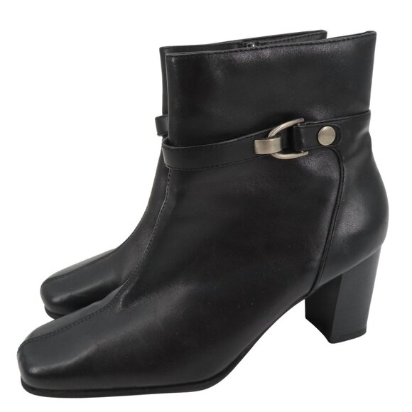 Nine & Co Women 8 M PHILLIPE Black Leather Ankle Boots Bootie Silver Block Heels - Picture 1 of 11